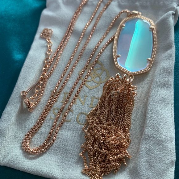 Kendra Scott Rayne Rose Gold Long Pendant Necklace Dichroic Glass - Picture 7 of 15